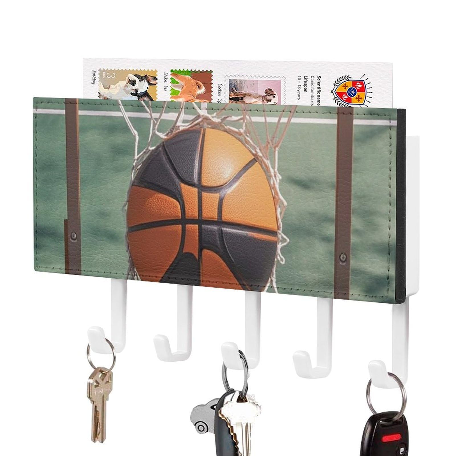 Fekiloot White-Style Basketball Key Holder Wall Mount Key Hanger With 5 Hooks Decorative Key Rack Hanging Key Hooks With Mail Organizer Key Holder For Wall Living Room Kitchen Bathroom Hallway White