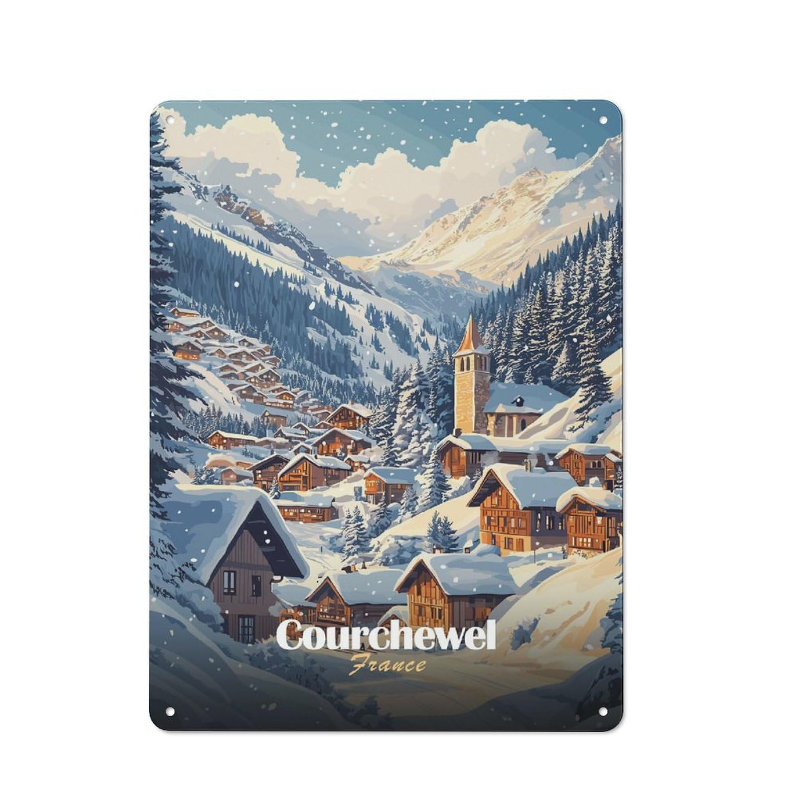 Junmoney Style-13 Snowy Village In Courchevel, France Everyday Metal Wall Decor 40X30cm, Decorative Tin Plaque For Flat, Dorm Room, Lounge Or Cafe