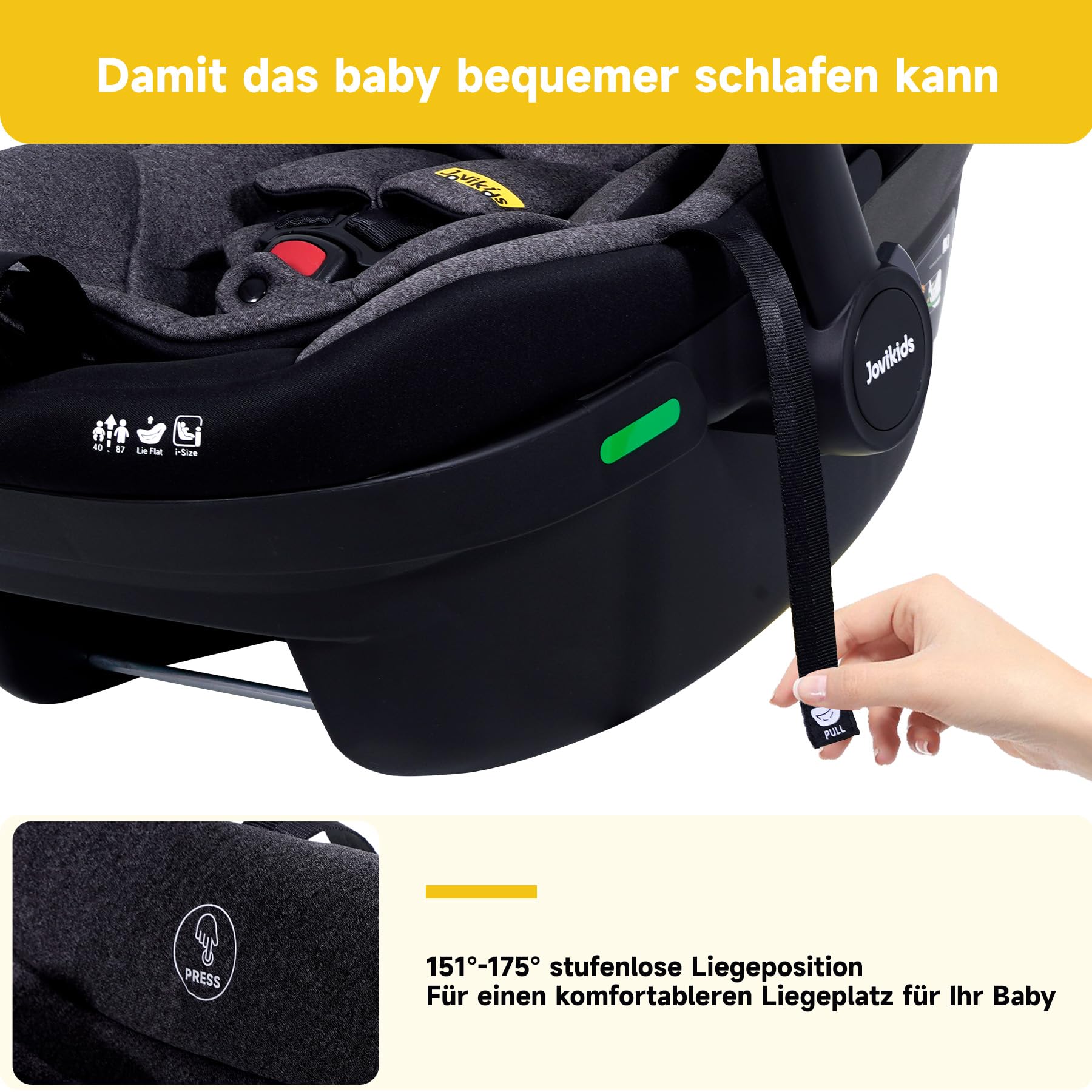 Jovikids Babyschale, Stufenlos verstellbare Liegeposition, Gruppe 0/0+ (40-87 cm) Baby Autositz mit Sonnendach, 3-Punkt-Sicherheitsgurt Seitenschutz (Babyschale Only)
