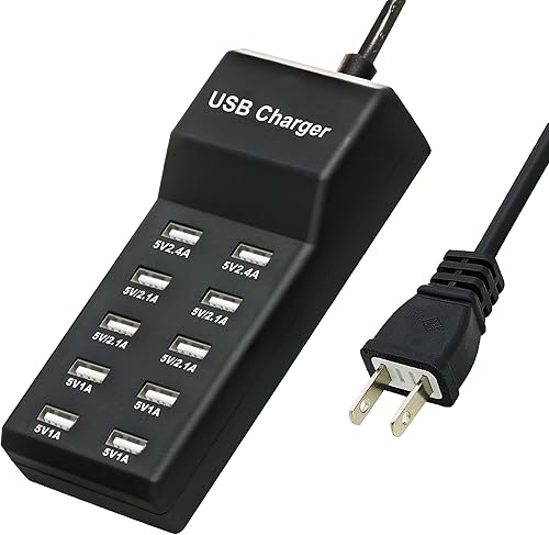 Wyssay Cargador USB, estación de carga USB de 5 V 10 A (50 W) con 10 puertos USB inteligentes de tamaño familiar para múltiples dispositivos,