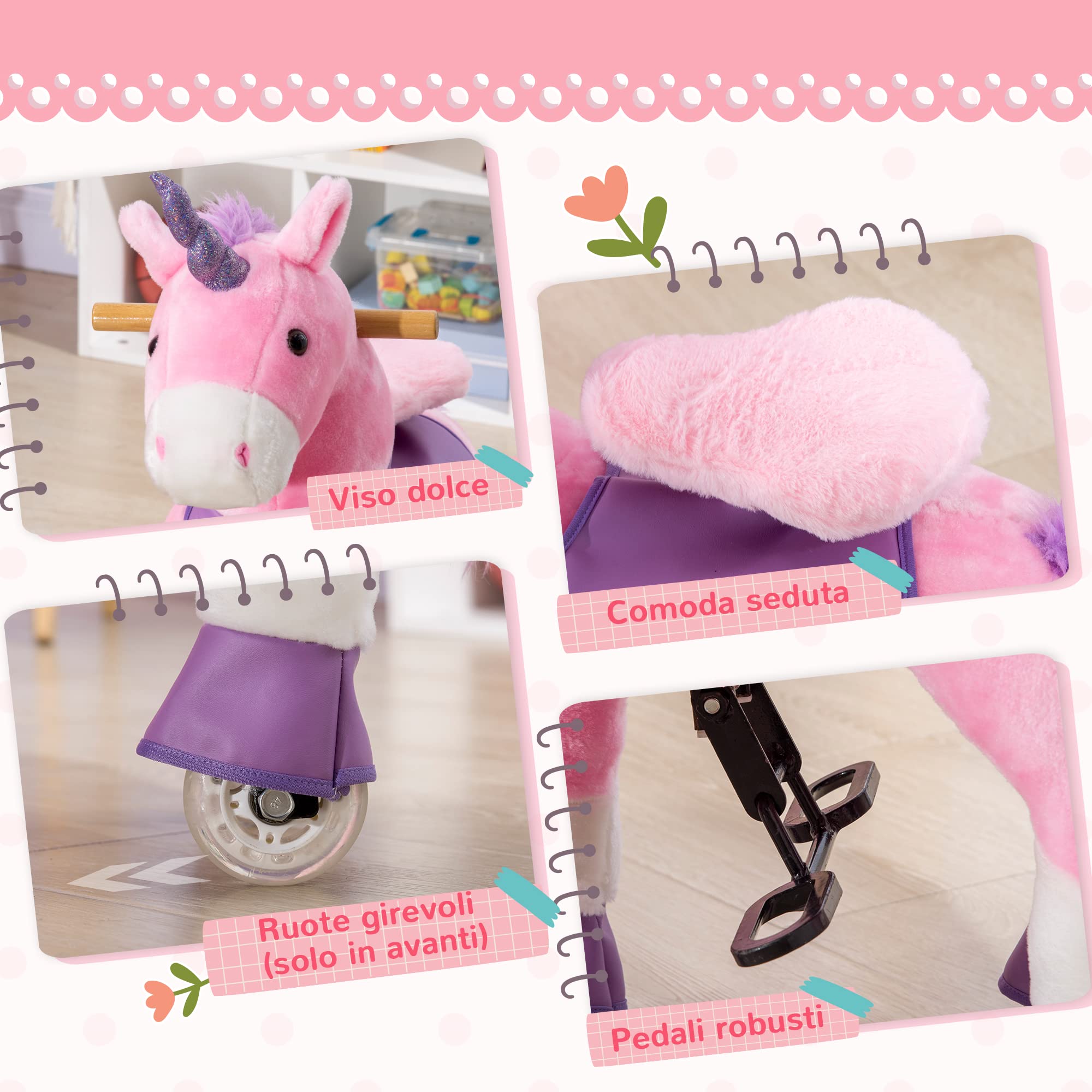 HOMCOM Cavallo a Dondolo con Ruote per Bambini 3-6 Anni 70x32x87cm Rosa | Giocattolo da Equitazione a Forma di Unicorno, Gioco Cavalcabile