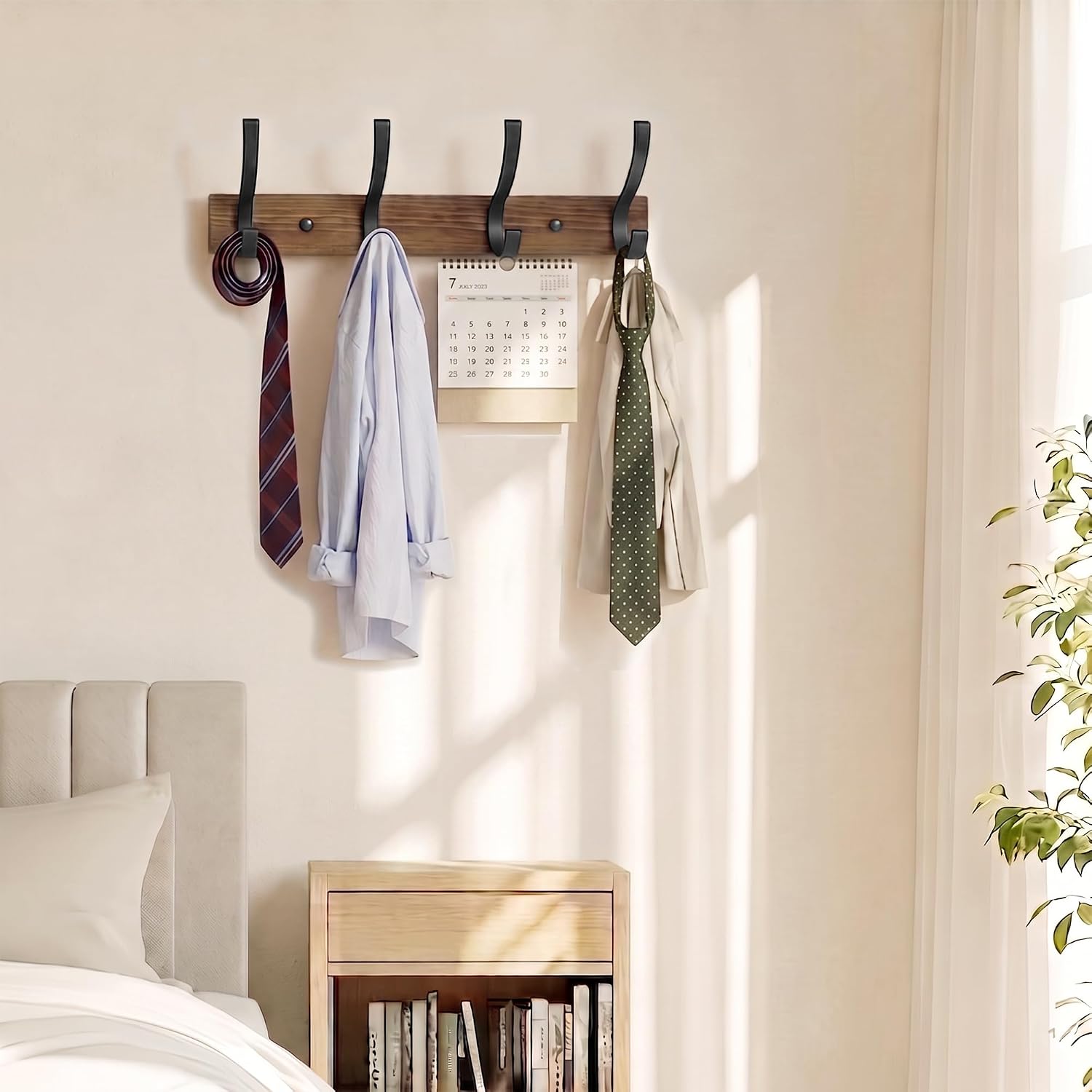 Coat Rack Wall Mount, Wooden Wall Hooks for Hanging Coats Hats Bags & Keys, Heavy Duty Wall Mounted Coat Rack with 4 Hooks, Rustic Entryway Organizer for Bathroom Bedroom Mudroom