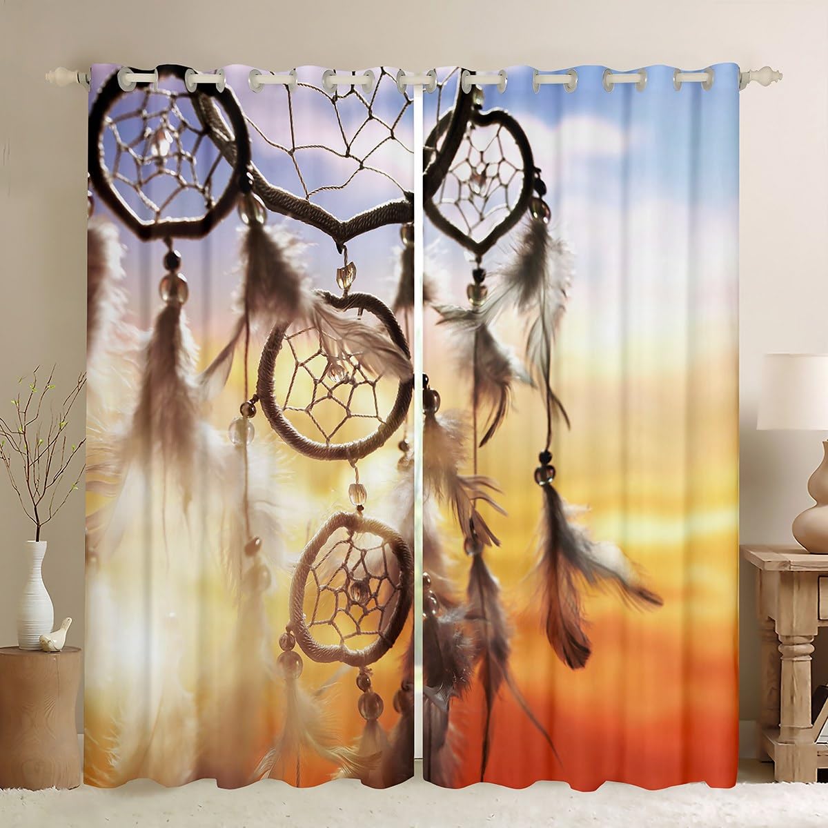 Dreamcatcher Curtains for Bedroom Living Room Boho Dream Catcher Decor 30%-50% Blackout Curtains Bohemian Style Darkening Drapes Indian Hippie Feather Window Tribal Elements W66*L90
