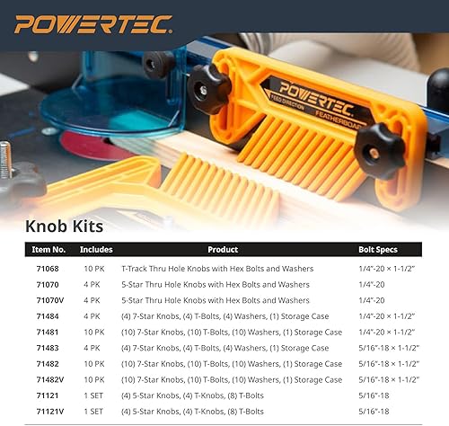 Miniatura 7 de POWERTEC 71070 Kit de perilla de pista en T con perilla de 5 estrellas, pernos roscados y arandelas 14-20, juego de 12 piezas, pernos de riel en T,