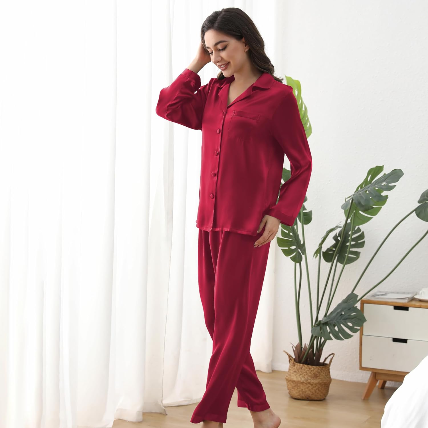 Mulberry Silk Pajama Set for Women, Long Sleeve V-Neck Sleepwear, Soft Luxury Loungewear with Adjustable Waist