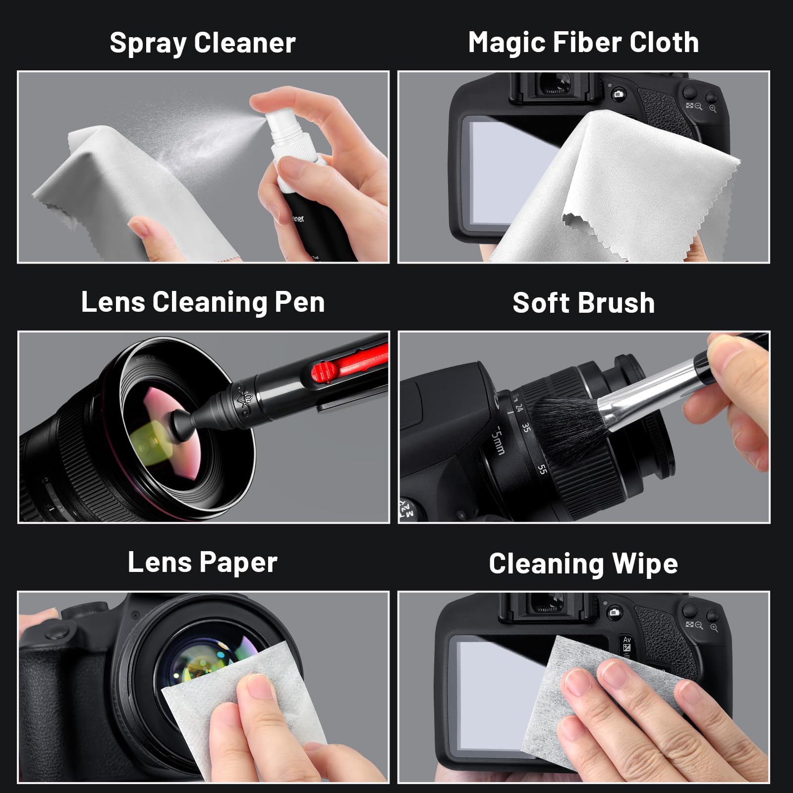 Kit per la pulizia dell'obiettivo della fotocamera, kit di pulizia 10 in 1, pulitore per obiettivo fotocamera e accessori per fotocamera, include kit di pulizia dell'obiettivo, detergente per