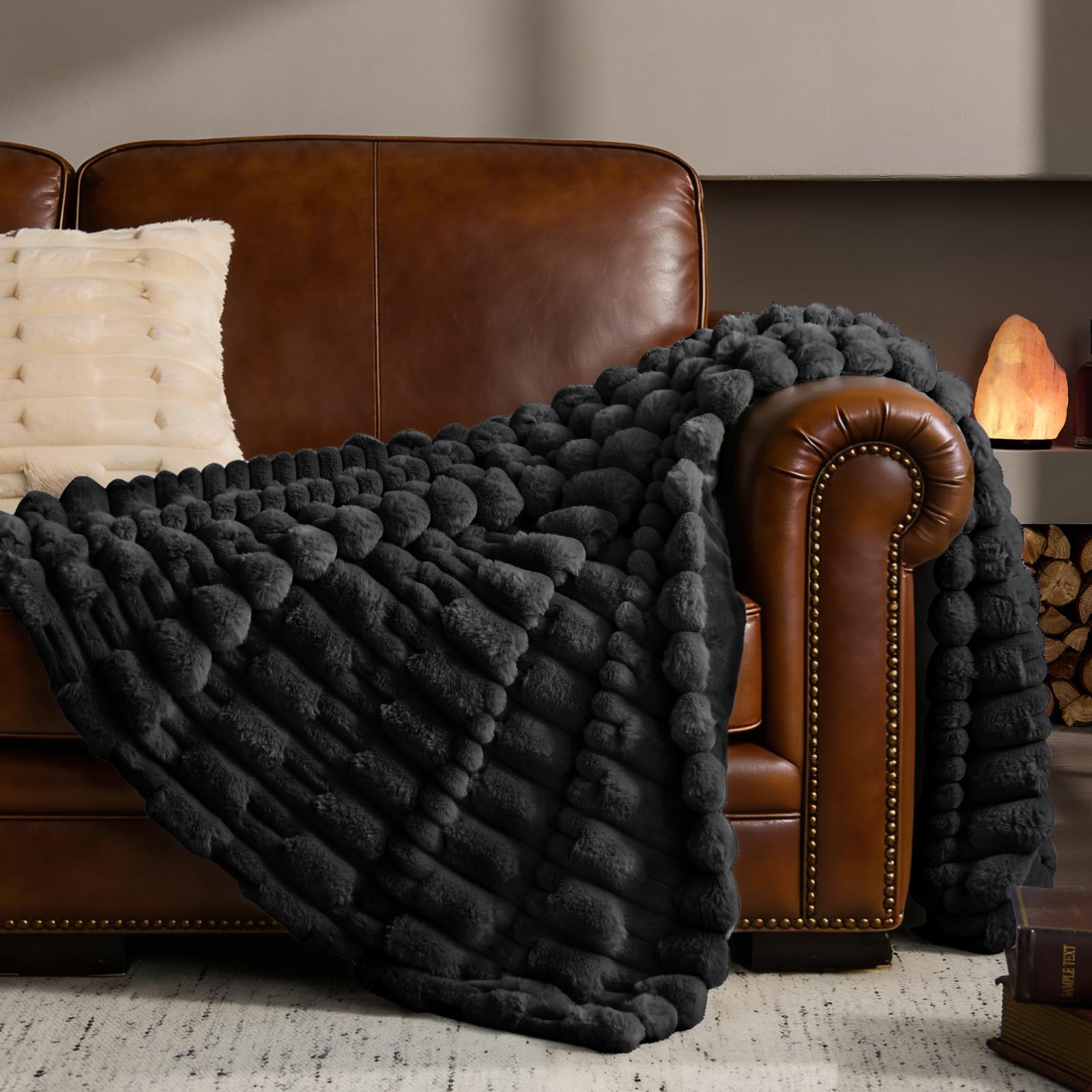 BEDELITE Faux Fur Throw Blanket for Couch - Super Soft & Warm Plush Striped Blanket for Sofa and Room Decor, Luxury Cozy Plush Fluffy Winter Blanket Gifts for Women Men Mom Dad, 50x60 inch, Black-image-2