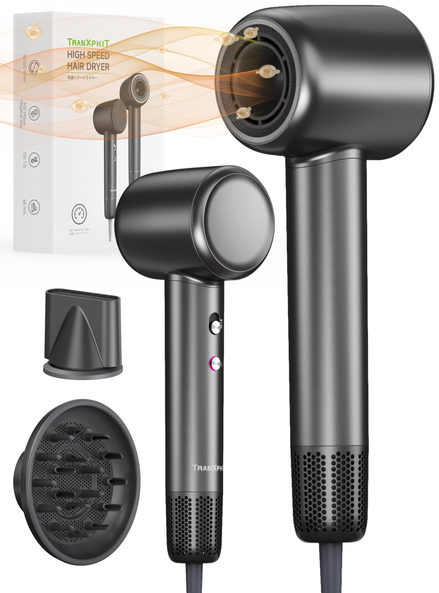 TRANXPHIT High Speed Hair Dryer: 160, 000 RPM High Velocity