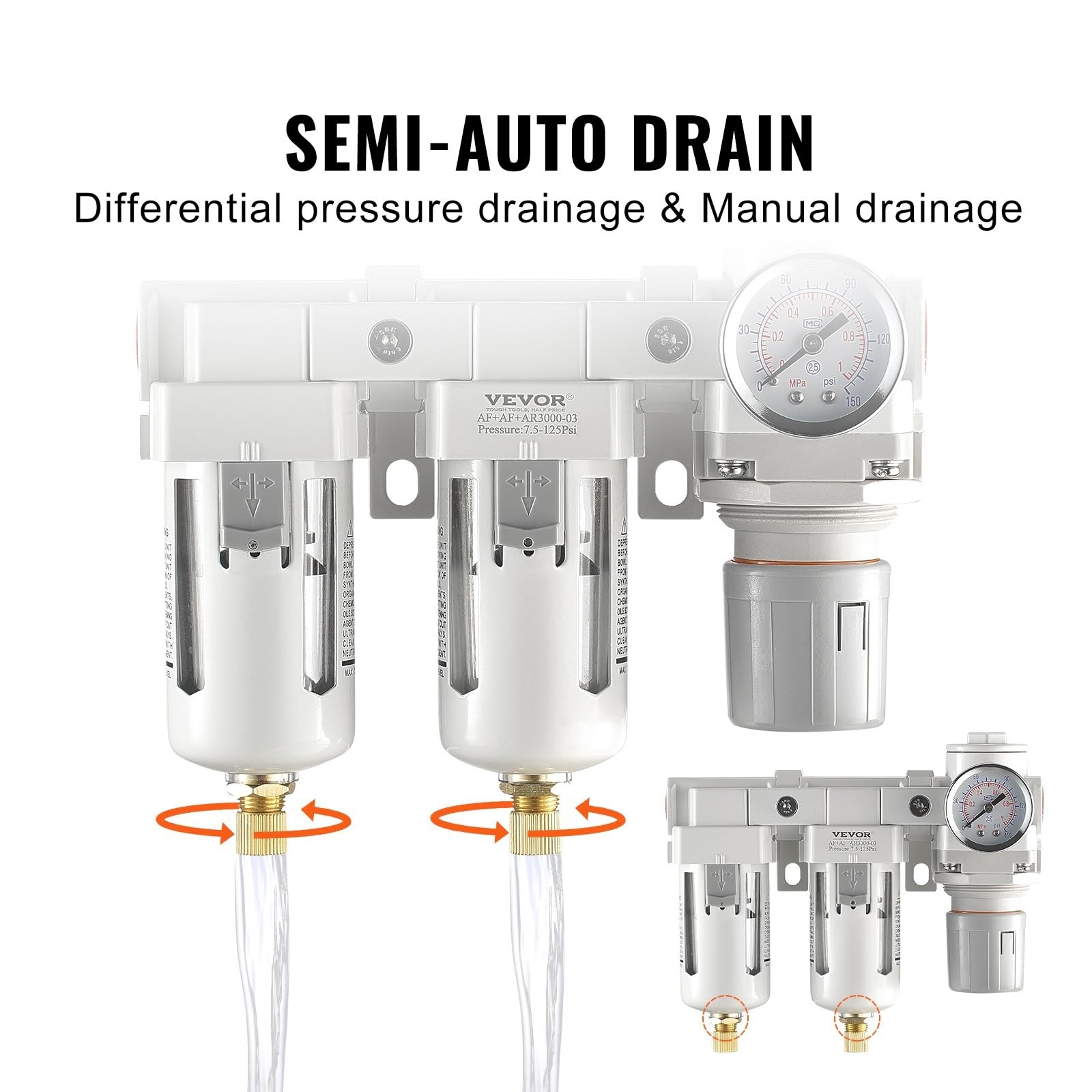 Filtro de compresor de aire 3/8 "NPT, doble etapa, separador de agua y aceite semiautomático, sistema de secado de aire, regulador de aire neumático