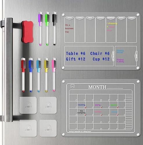 Calendario magnético acrílico de 2 piezas para refrigerador, pizarra mensual de borrado en seco de 16 x 12 pulgadas con 8 marcadores, soporte