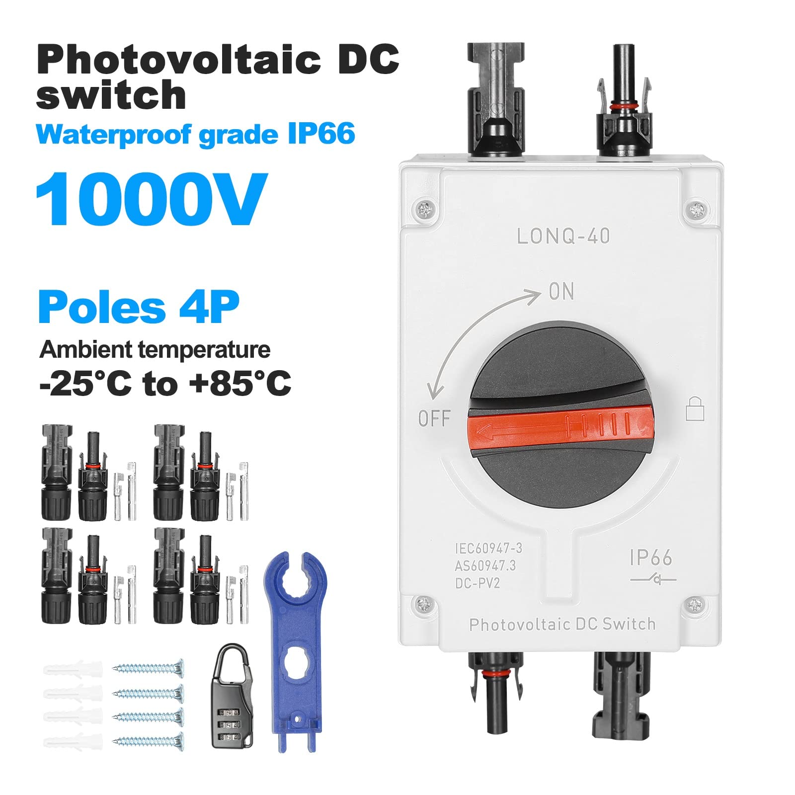 Jadeshay Interruttore di Isolamento,32A CC1200V Sezionatore DC Fotovoltaico Interruttore di Separazione IP66 Interruttore di Protezione per Sistemi di Alimentazione Solare