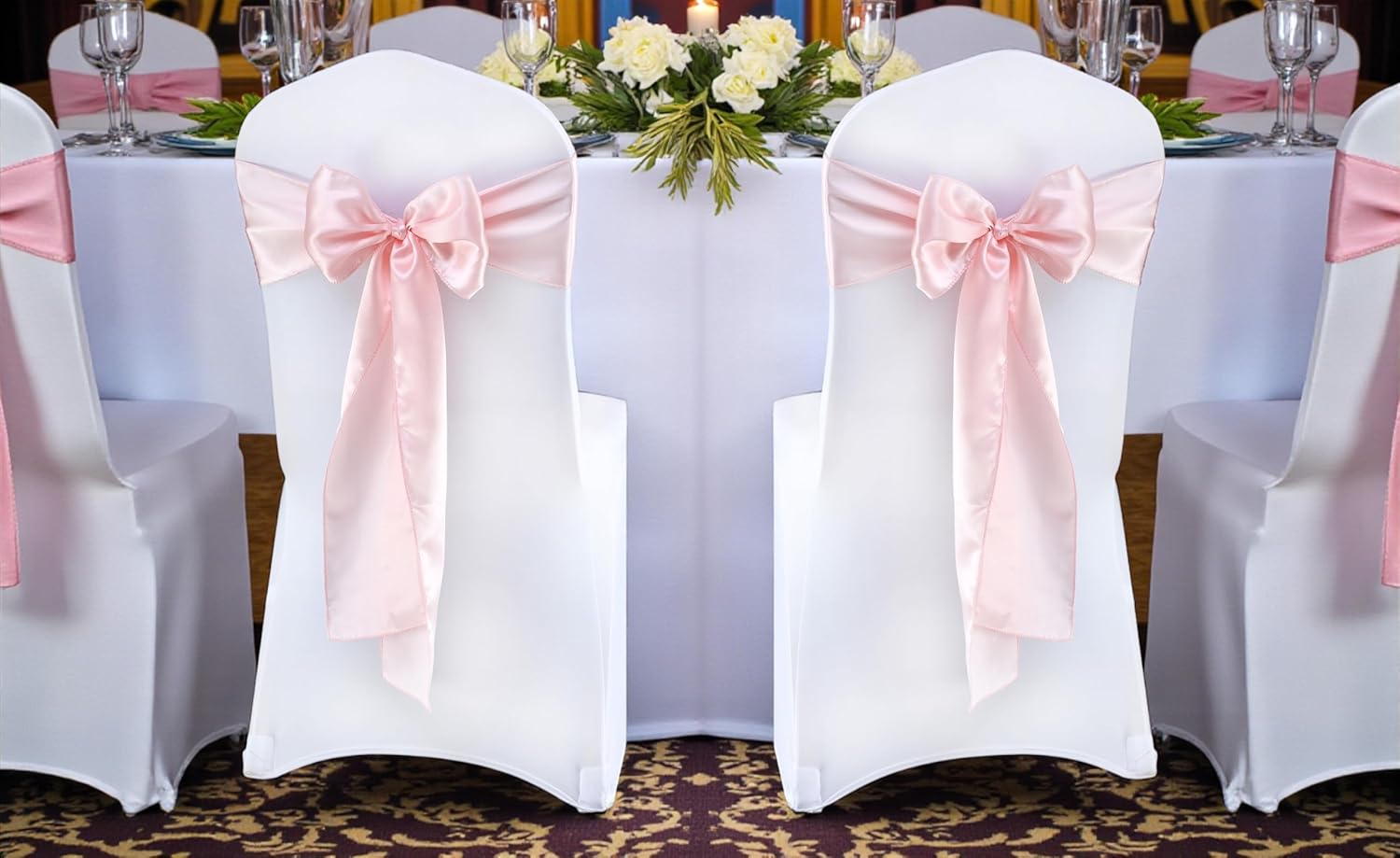MDS Satin Chair Sashes, 50 Pack, 7”x108” Each, Decorative Chair Bows Ribbon Tie Backs for Wedding Party, Holiday Dinner, Birthday, Reception, Banquet, Hotel & Event Decoration - Blush Pink