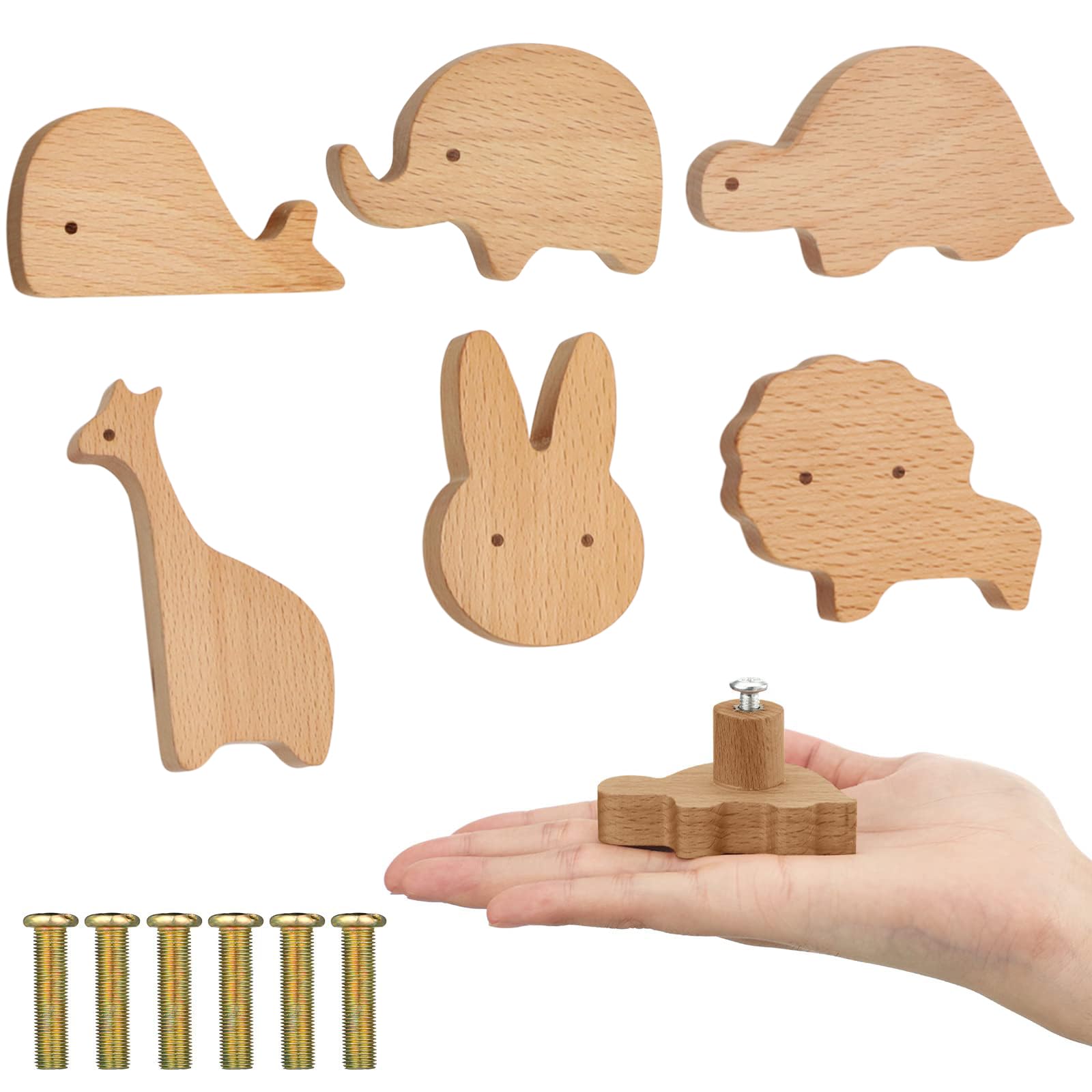 Boutons de Tiroir en Bois Massif,6 Pièces Poignées de Meubles en Bois Pour Animaux,Boutons de Porte D'Armoire en Bois,Poignée de Tiroir Avec Vis,Poignées de Meubles en Bois