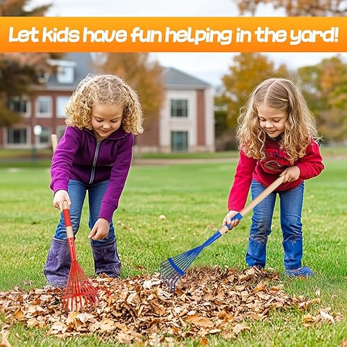 Miniatura 4 de Rastrillos para hojas aptos para niños, rastrillo pequeño de tamaño infantil de 28 pulgadas con cabeza de metal duradera y mango de madera dura,