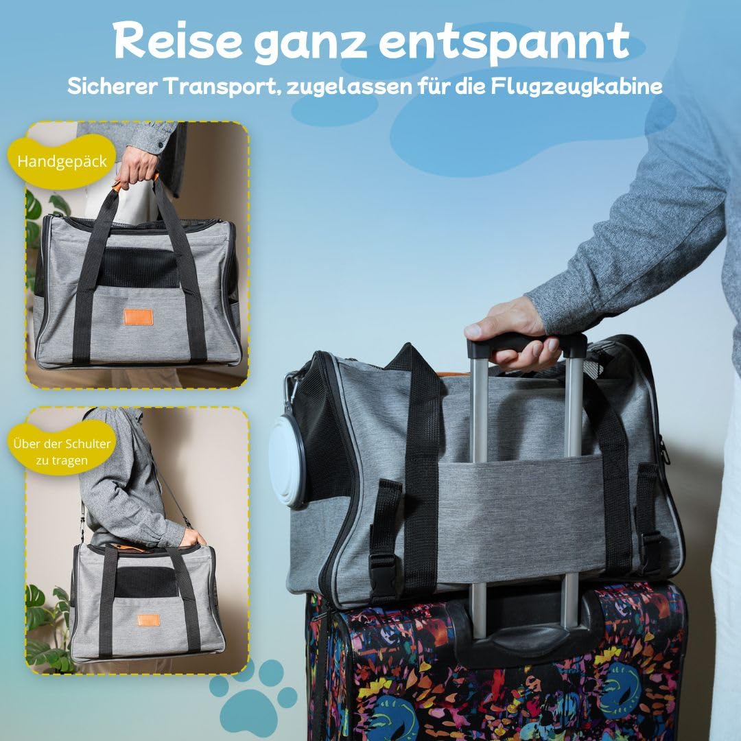 Katzen Transportboxen - Transportbox Katze und Kleine Hunde mit faltbarem Napf, Decke, Schultergurt, gepolsterter Bodenplatte - hundetransportbox Auto Faltbar und für das Flugzeug zugelassen