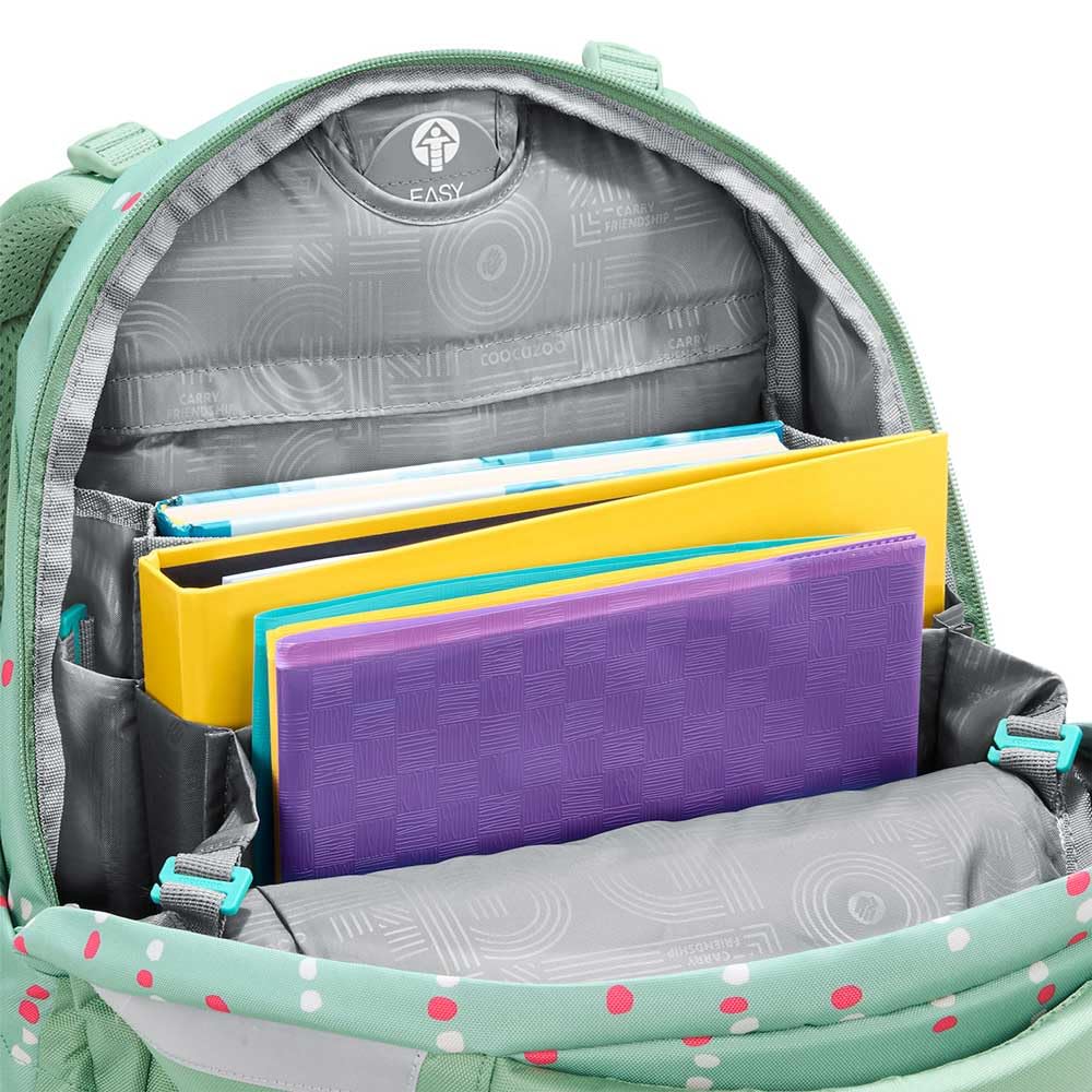 coocazoo MATE Schulranzen-Set 3tlg für Mädchen und Jungen ab der 4. Klasse mit Rucksack. Schlamperetui und Sportbeutel (Dancing Dots V2)