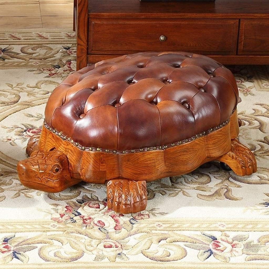 BABYCE Footstool Sofa Stool Wood Ottoman Footstool,Leather Upholstered Vintage Turtle Footrest Stool with Wheels90x60x33cm (Color : Tan)