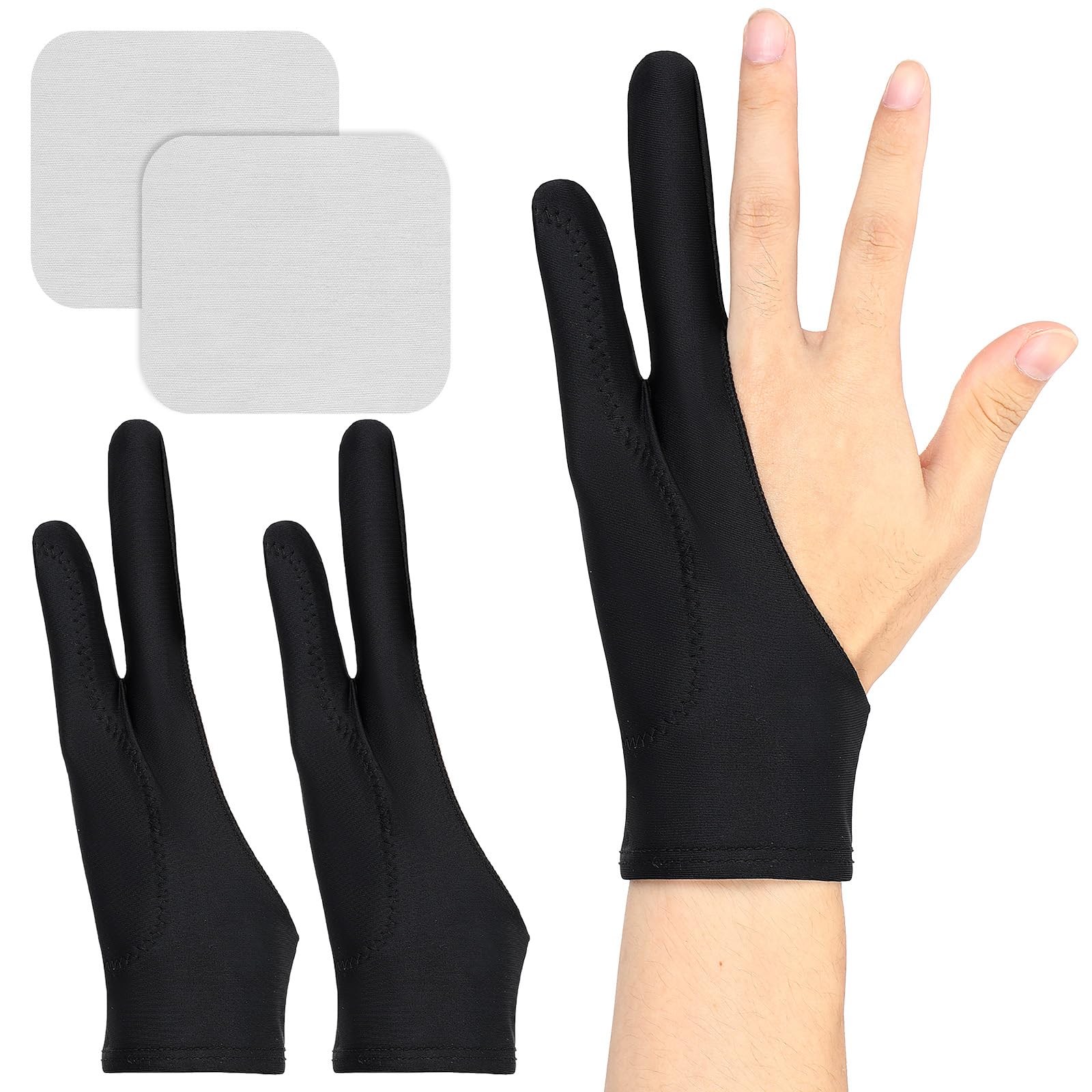 2 Pack Digital Drawing Glove, 3-Layer Palm Rejection Two-Finger Artist Glove Fits Left Right Hand for Art Graphic Tablet Paper Sketching Painting, Includes 2 Cleaning Cloth