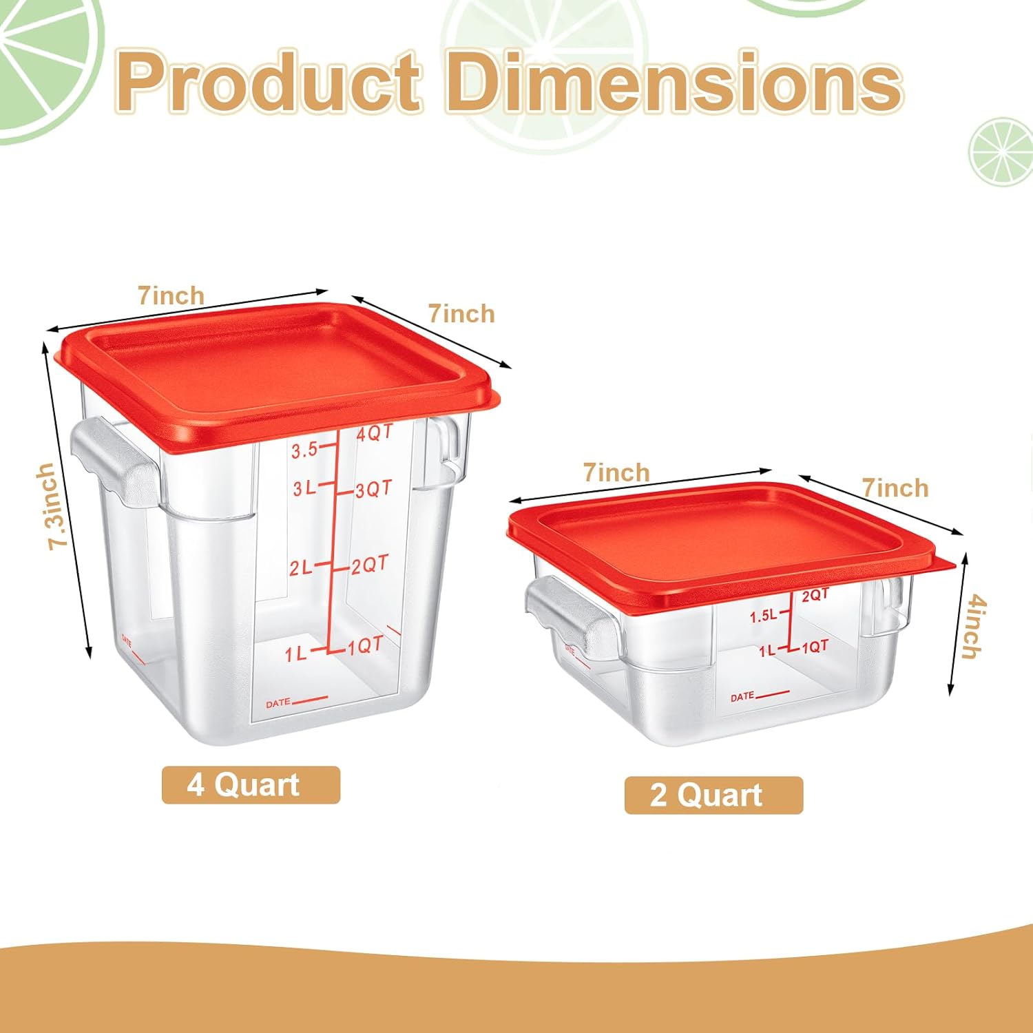 Barydat 4 Pcs Square Food Storage Containers with Lids Measurement Scales, 2qt & 4qt Clear Plastic Stackable Containers for Dough Proofing Baking Kitchen Restaurant and Pantry Organization(Red) - Image 2