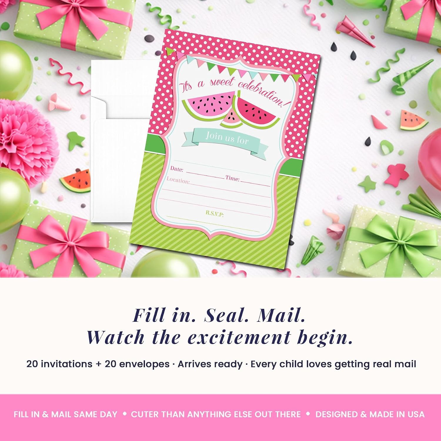 Watermelon Sweet Celebration Birthday Party Invitations, 20 5x7 Fill In Cards with Twenty White Envelopes by AmandaCreation