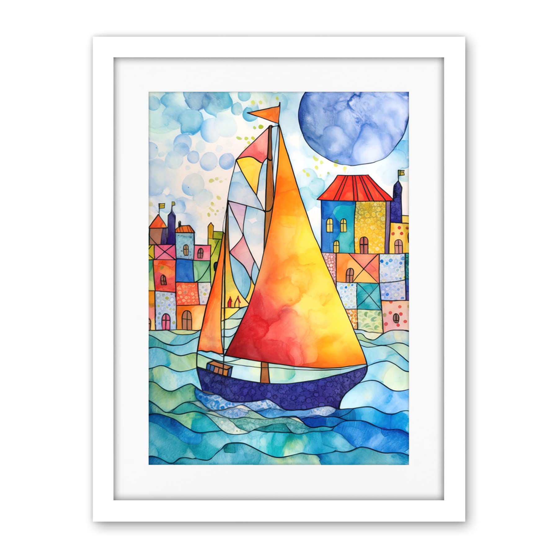 Artery8 Sailboat By Harbour Folk Art Artwork Framed Wall Art Print 18X24 Inch