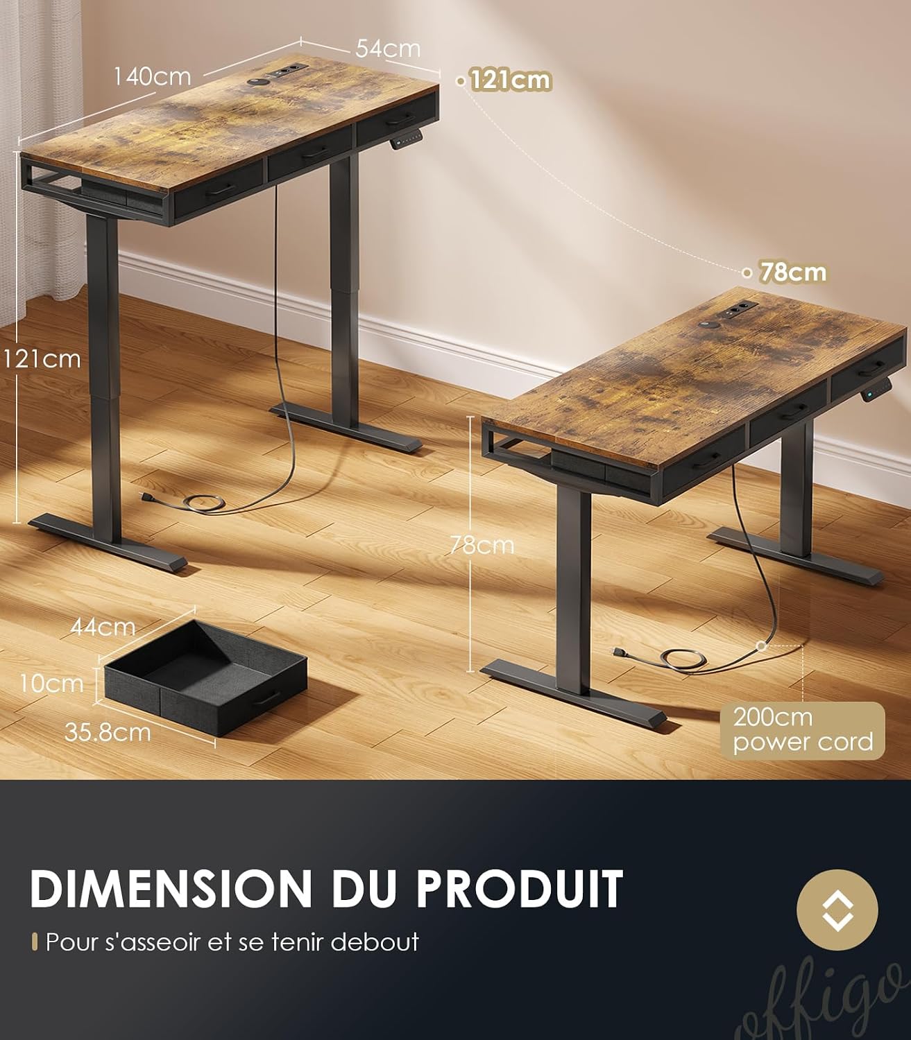 The OffiGo Sit-Stand Desk shown at its minimum height of 78cm and maximum height of 121cm, illustrating the adjustable range. The control panel with up/down arrows and memory buttons is visible on the desk edge.