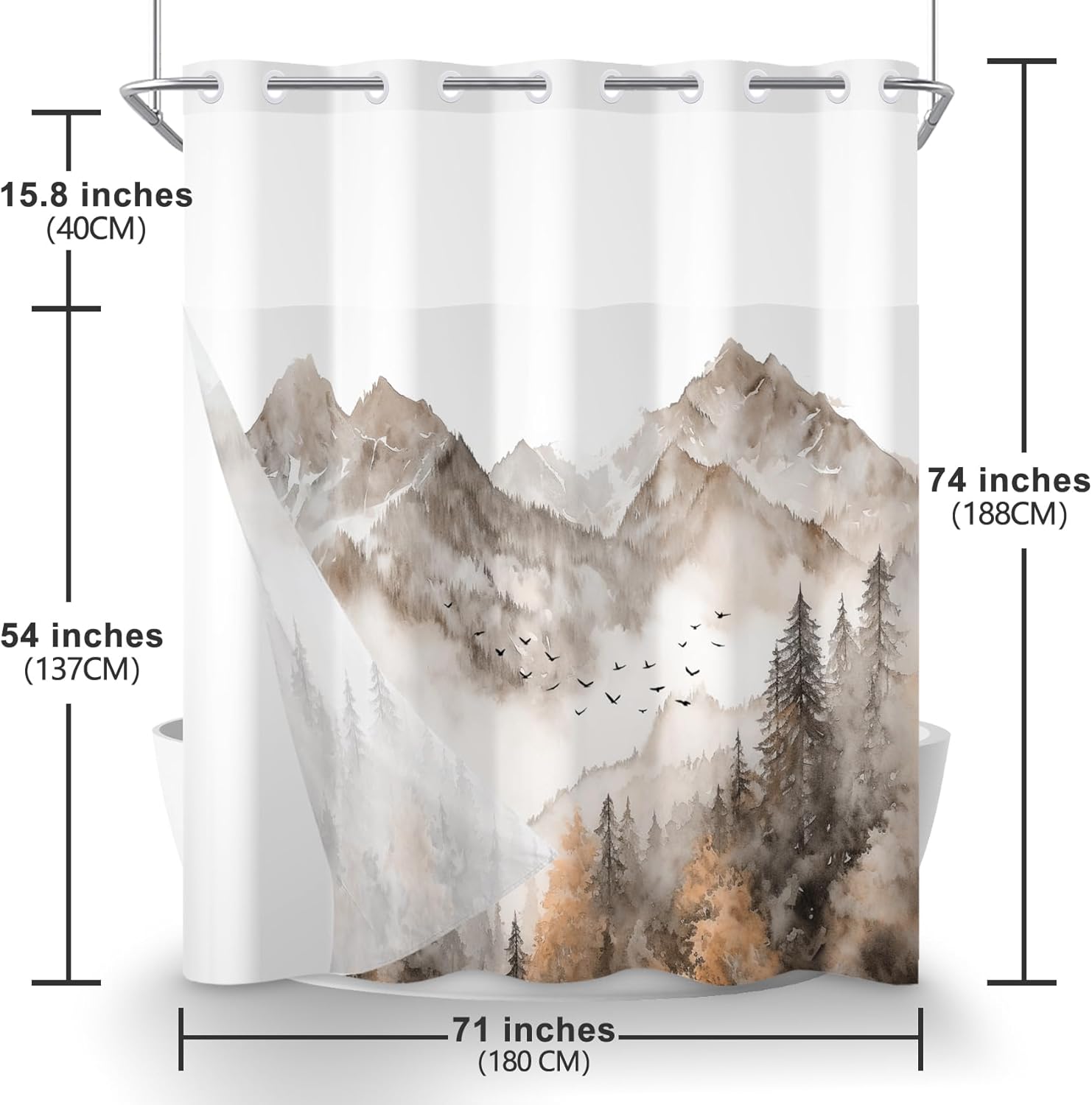 AWERT Forest Brown No Hook Shower Curtain with Snap in Liner Misty Mountain Shower Curtain for Bathroom Fabric Waterproof Liner 71 Wx74L