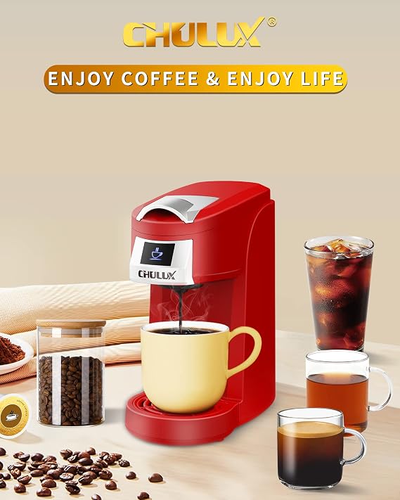 CHULUX Single Serve Coffee Maker, Red Single Cup Coffee Machine for K Cup & Ground Coffee, 5 to 12oz Brew Sizes in Mins for Home, Office, Travel, Kitchen