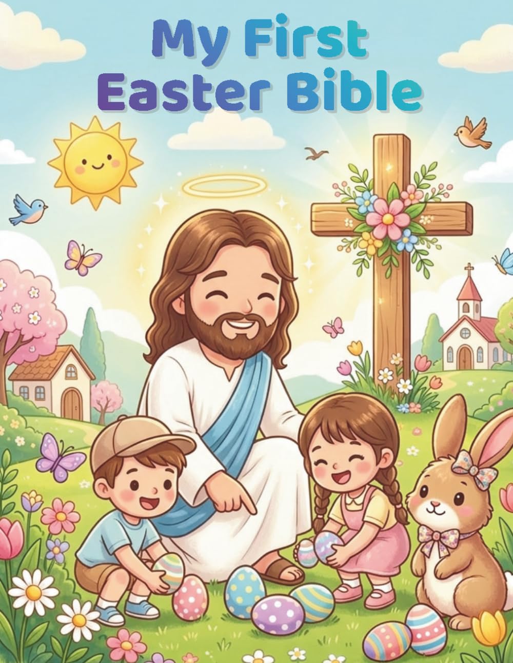 My First Easter Bible: 50 Simple Christian Designs for Toddlers and Kids featuring Palm Sunday, the Last Supper, the Holy Cross, and the Resurrection.