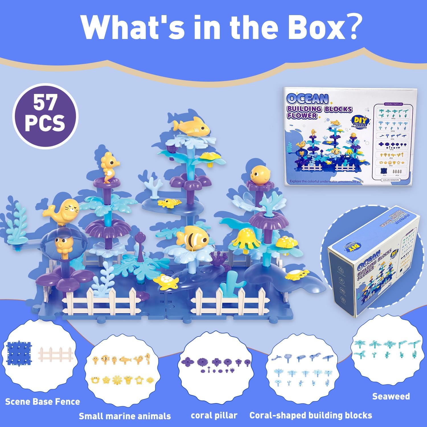 Ocean Building Blocks for Toddlers, 57PCS Stacking Interlocking Toy with Sea Animals & Plants, STEM Educational Kit for Kids Ages 3+, Preschool Sensory Toy, Birthday Gift for Boys Girls