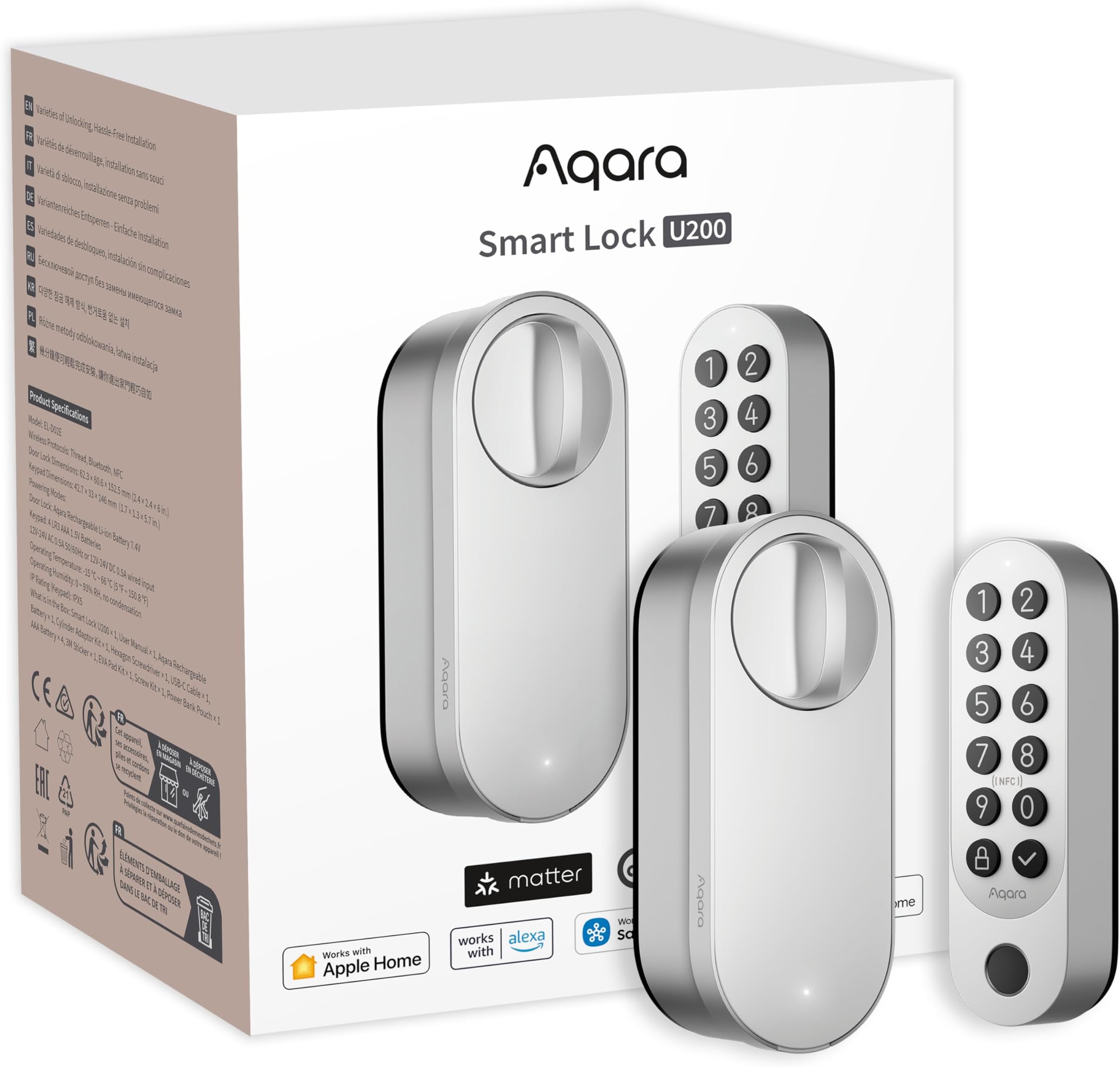 Smart Lock U200 (With Fingerprint), Matte Over Thread, Door With Apple Home Key And Rechargeable Battery, Supports Home, Google Alexa Smartthings, Silver