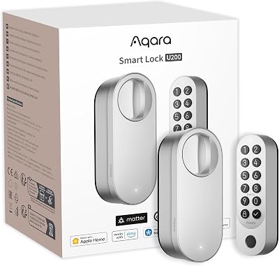 Aqara Cerradura Inteligente U200 con Lector de Huella Digital, EL-D02E, Matter Over Thread, Cerradura Electronica Sin Llave con Apple Home Key y Batería Recargable, Soporta Google Home, Alexa,Plata