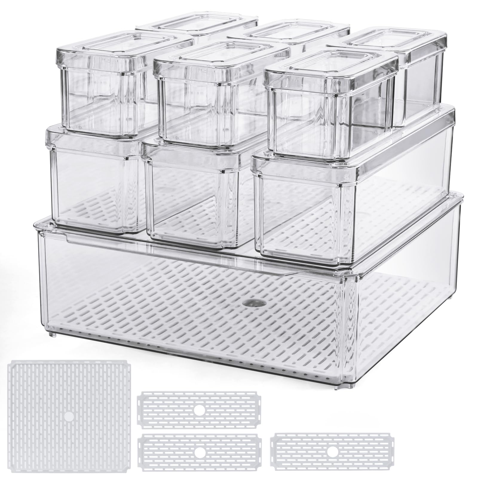 14er Set 10 Kühlschrank Organizer mit Deckel und 4 Abtropfbrett Durchsichtig Stapelbare Aufbewahrungsbox Kühlschrankbox für Küche behälter Aufbewahrung und Organisation