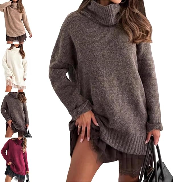Womens Turtleneck Sweater Mini Dress Set Plus Size Elegant Lace-Trim Slip Solid Warm Pullover for Daily