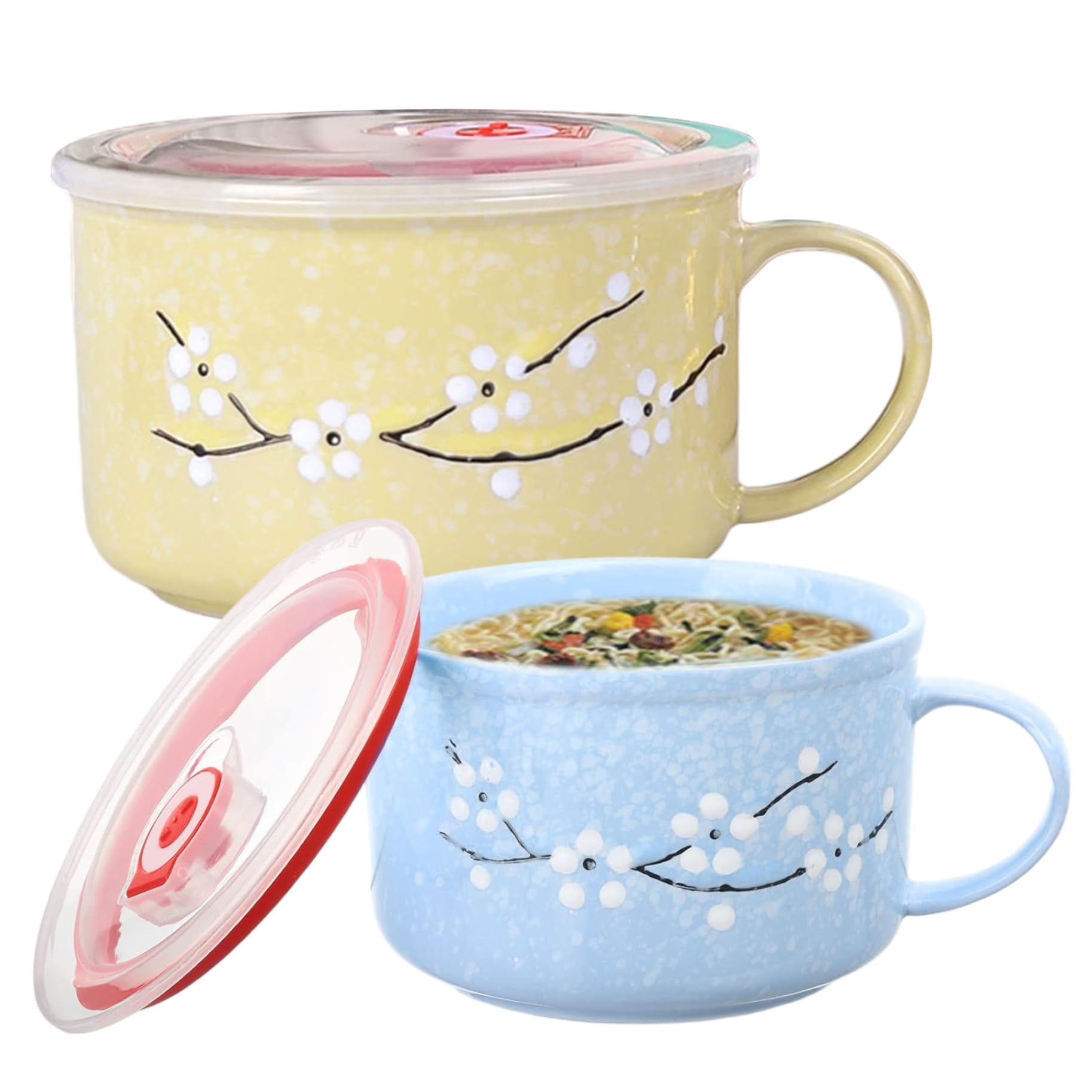 2 tazones de sopa con asas, taza de sopa de microondas resistente al calor con sellado de 800 ml / 28 oz con tapa Taza de viaje de cerámica floral invernal para ramen, fideos, gachas - Tazón de cer