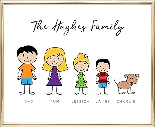 Customised Stick Family Print With Pets, Size of Your Choice, Stick Family Picture Personalised Cartoon Family Print, Stick Man Family Wall Art Personalised, Unframed, Stick Figures of Your Choice