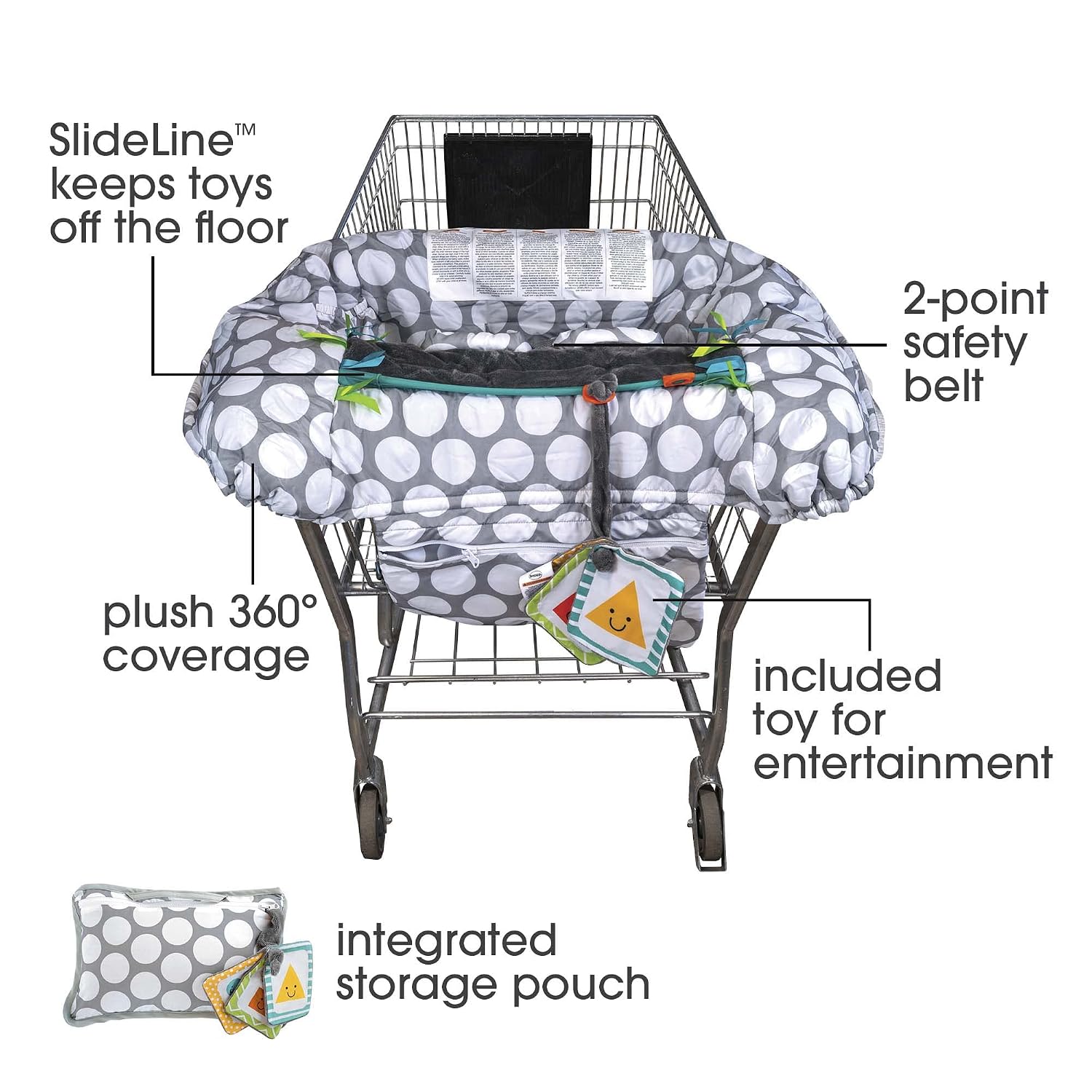 Boppy Preferred Shopping Cart and High Chair Cover with Storage Pouch, Gray Jumbo Dots with Changeable SlideLine Toy, Plush Minky Seat, 2-point Safety Belt, Wipeable and Machine Washable, 6-48 months