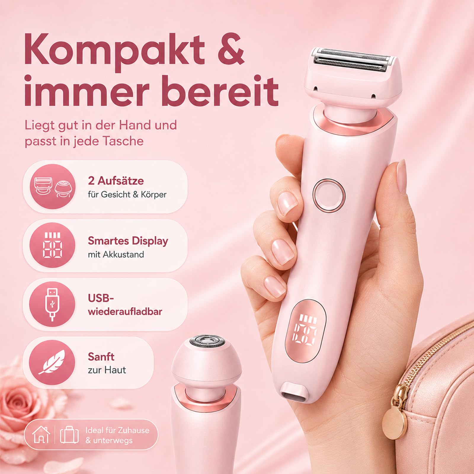 Boulina Rasierer 2.0, Aluvea Smooth Trim, Sanfte Haarentfernung, Ergonomisches Design, Trocken & Nassbetrieb (Rosa)