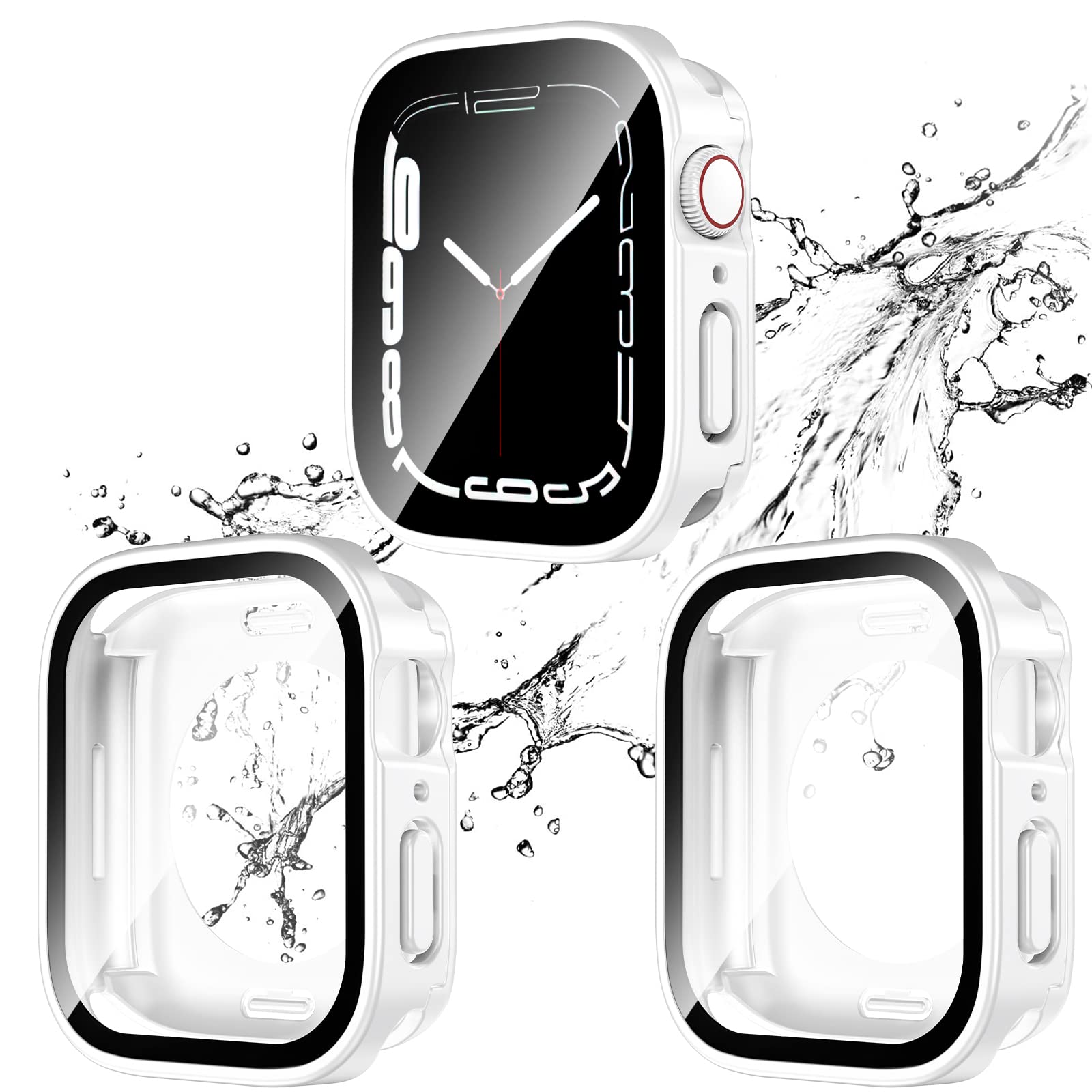 2 Pack 2 in 1 Waterproof Case for Apple Watch Series 9 8 7 41mm, Straight Edge PC Front & Back Bumper with Tempered Glass Screen Protector 360