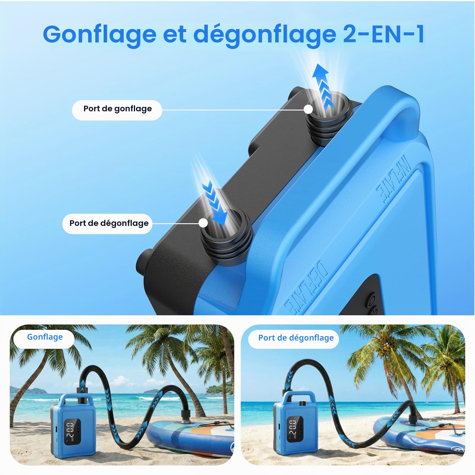Pompe SUP électrique, 20 PSI, pompes à air avec batterie rechargeable de 15600 mAh, précision intelligente d'inflation/vidange jusqu'à 0,01 bar, arrêt automatique pour planches SUP, kayak