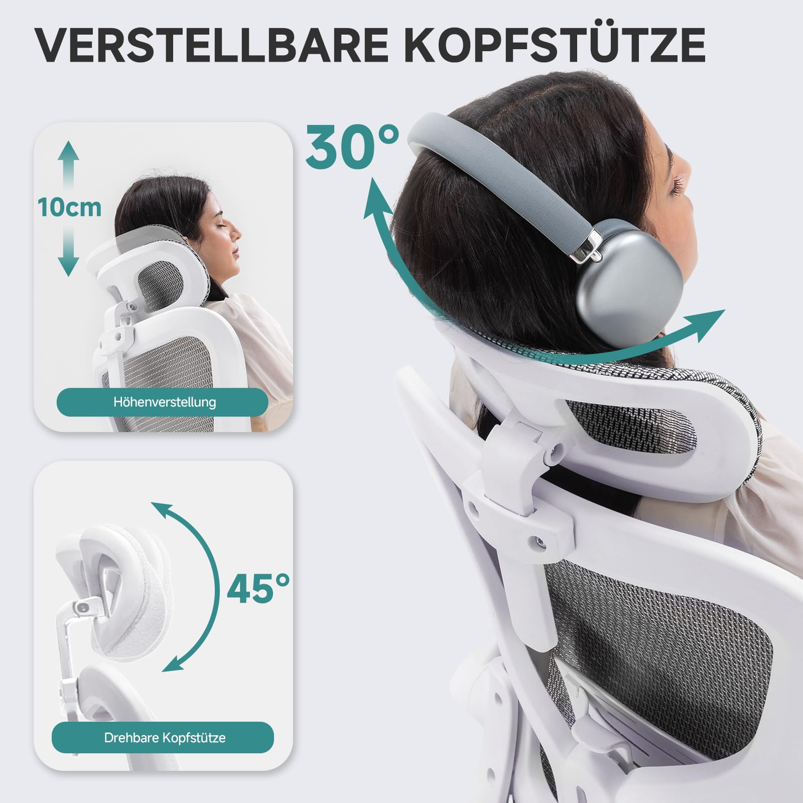 COMHOMA Bürostuhl, Schreibtischstuhl, ergonomischer Netzstuhl, mit doppellagigem Netzgewebe, atmungsaktiv, Adaptive Lendenstütze, verstellbare Kopfstütze, für Homeoffice, Drehstuhl 150 kg, Weiß