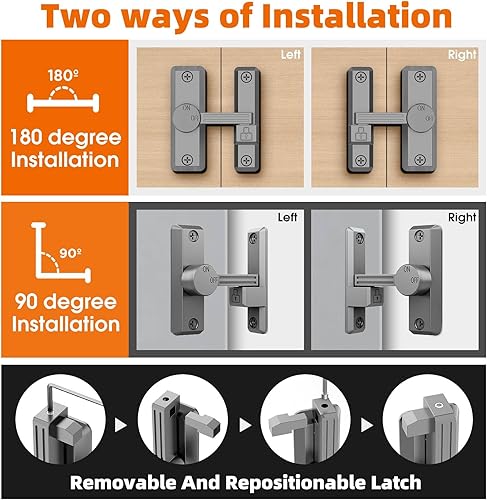 Miniatura 4 de Pestillo para puerta de granero, cierre de 90180 grados, protege la privacidad Pestillos deslizantes de zinc, herrajes de seguridad para puertas