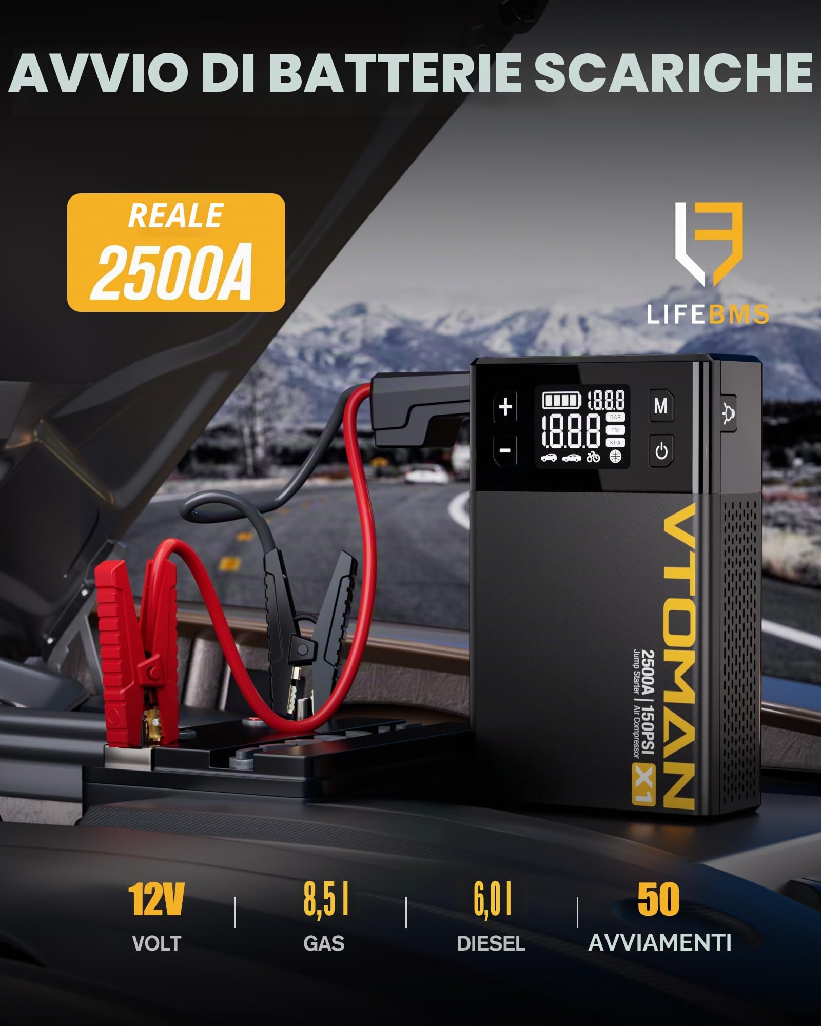 VTOMAN X1 Pacco di Avviamento con Compressore d'Aria 2500A, Booster Portatile per Batteria Auto (Fino a 8,5L Benzina/6,0L Motori Diesel) Pacco di Avviamento con Gonfiatore Digitale per Pneumatici