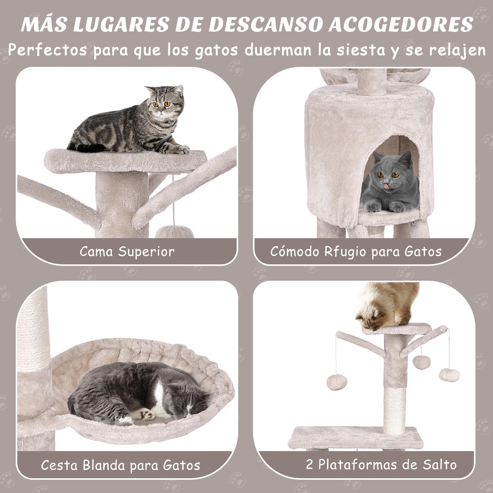 COSTWAY Árbol Rascado para Gatos de 140 cm de Altura, Torre Multinivel para Gatos con Postes de Sisal, Plataformas, Nido, Hamaca, Escalera y Bola, Centro de Actividades para Gatos de Interior, Beige