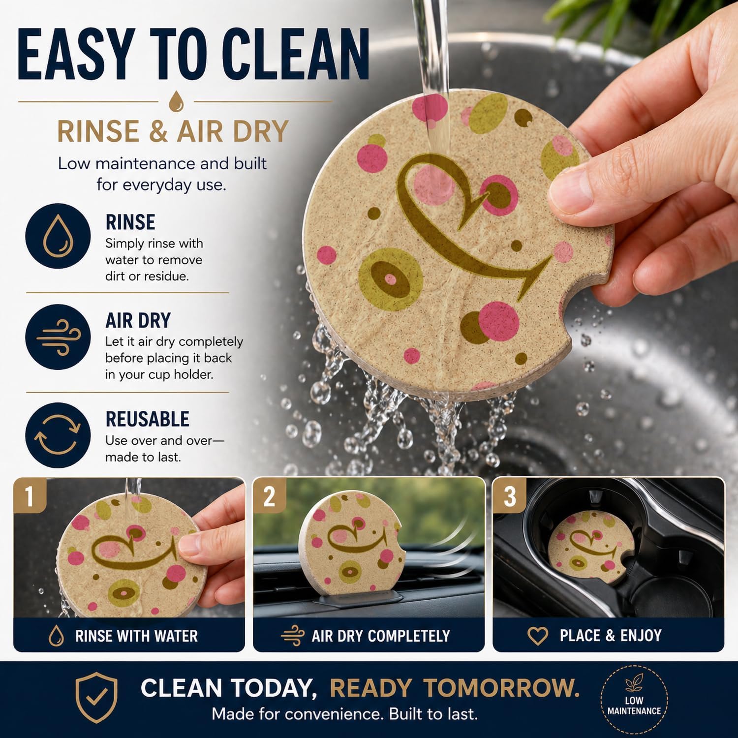 Caroline's Treasures CJ1004-JCARC Letter J Initial Monogram - Tan Dots Set of 2 Cup Holder Car Coasters Absorbent Sandstone Coasters for Car Cup Holders Gifts for Men or Women, Large, Multicolor image 5