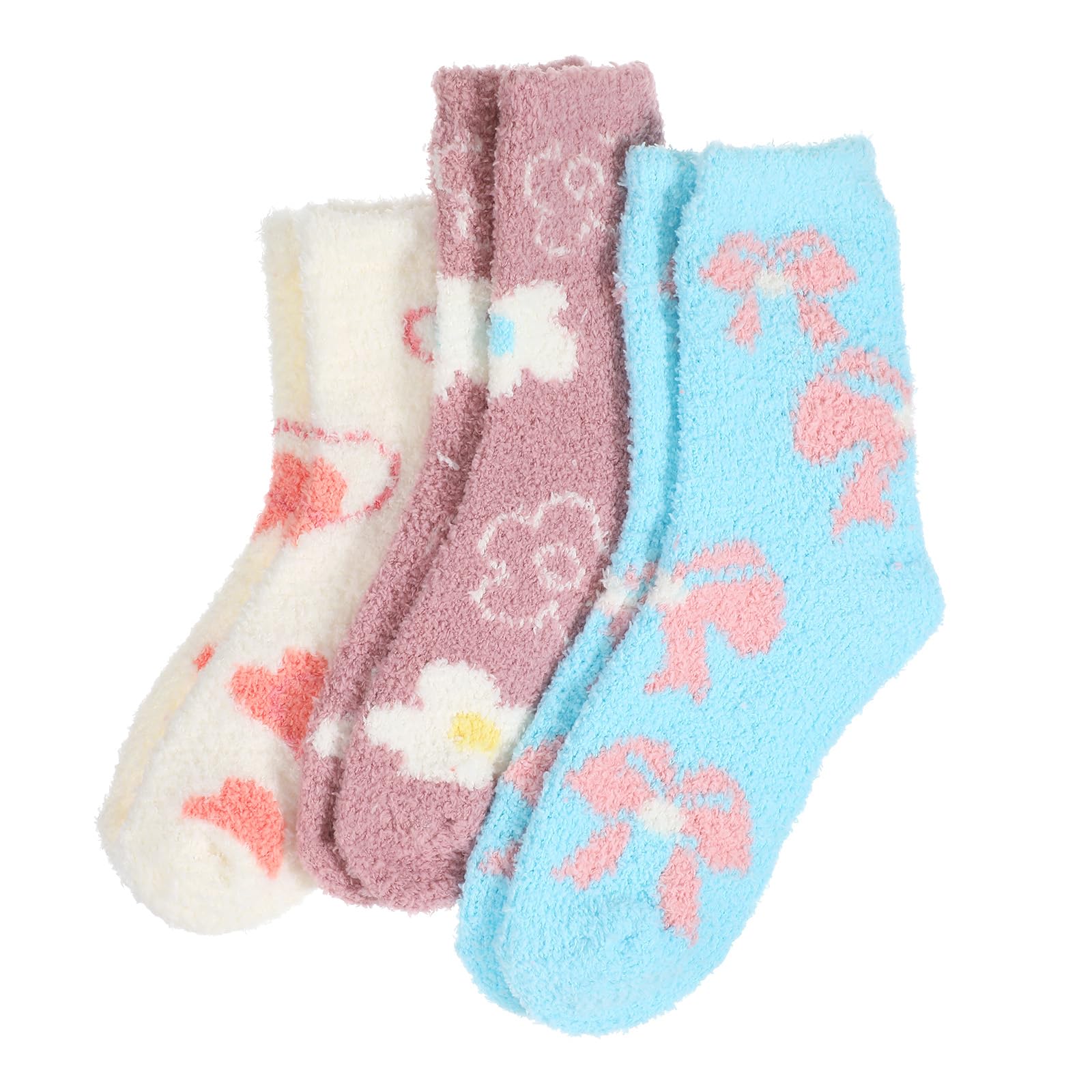 3 Pairs Moisturizing Socks Overnight, Love Heart Flower Bow loe Socks, Moisturizer Sock for Dry Cracked Feet, Cozy Gel Spa Sock for Women(White, Pink and Light Blue)