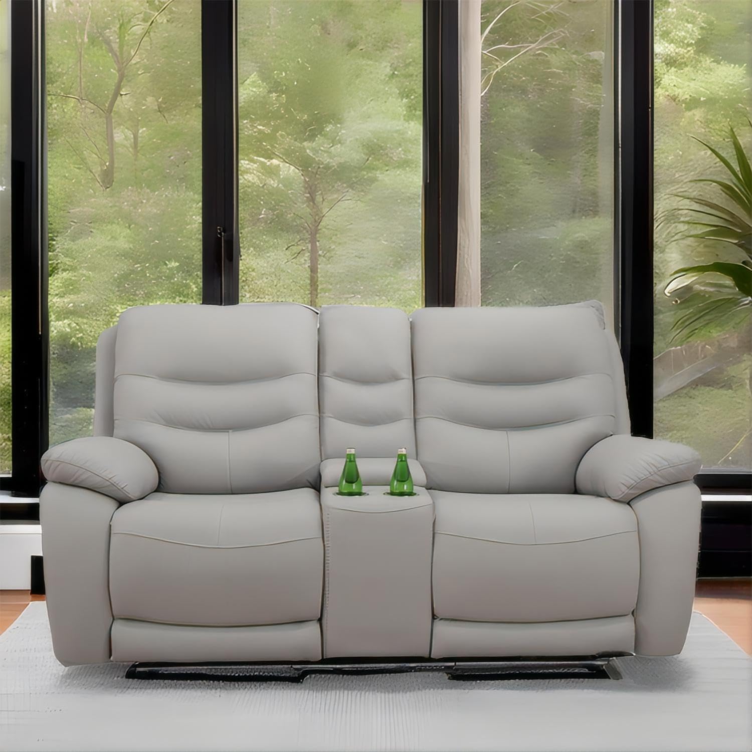 Power Recliner Sofa Set, Breathing Leather Sofa Set with Storage Console/Cup Holders/USB Ports, Leather Reclining Couch Set for Living Room (Light Grey, LOVESEAT)