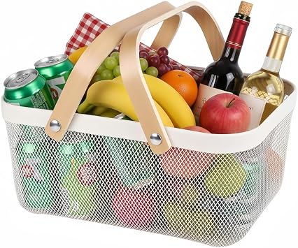 Portable Mesh Harvest Basket - Natural Bamboo Handle Foldable Organizer for Kitchen, Garden & Picnic | Ventilated Storage Bin with Rust-Proof Wire, Space-Saving Farmhouse Decor White
