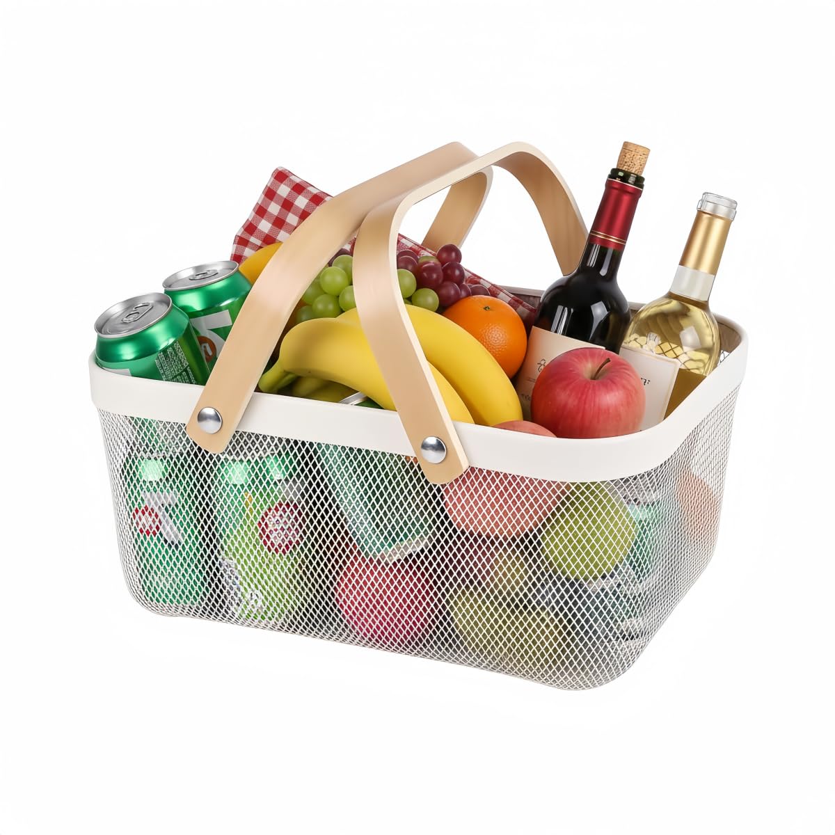 Ymeibe Portable Mesh Harvest Basket - Natural Bamboo Handle Foldable Organizer for Kitchen, Garden & Picnic | Ventilated Storage Bin with Rust-Proof