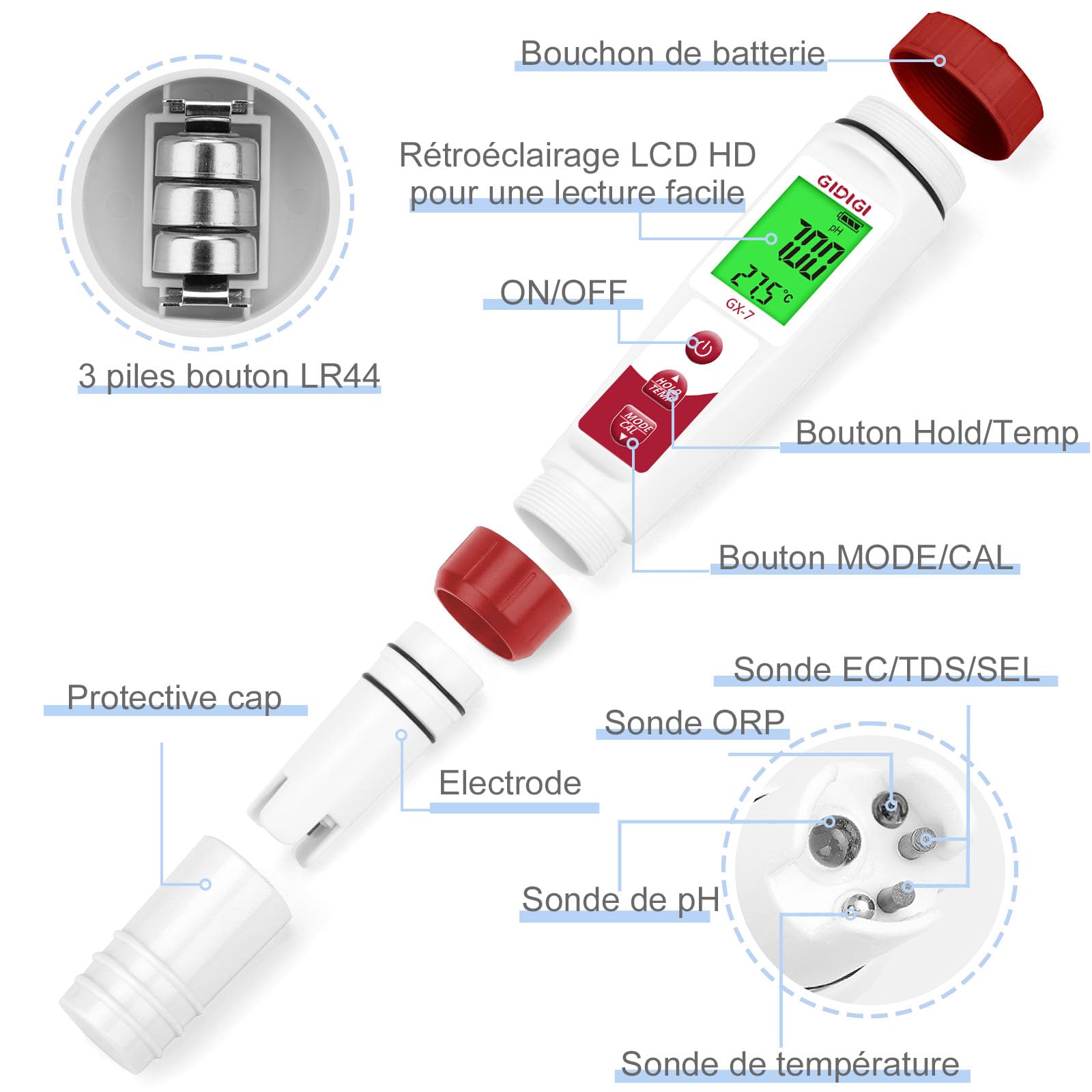 Testeur Eau Multifonction 7-en-1 : Piscine (Sel/Chlore/pH), Aquarium, Hydroponie. Mesure Salinité, ORP, Température, Conductivité Électrique, TDS